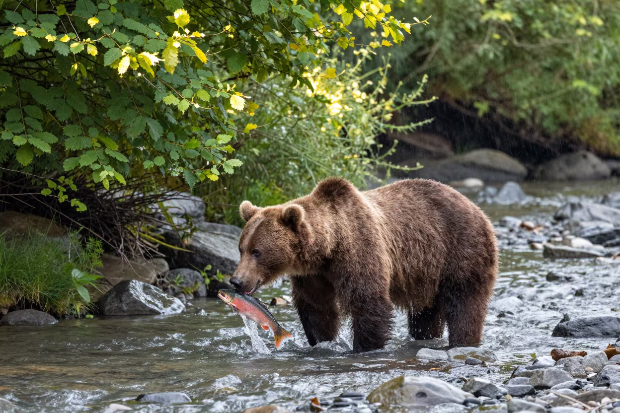 Brown Bear Catching Salmon in Glacial Stream in above a glacial stream near Veraval