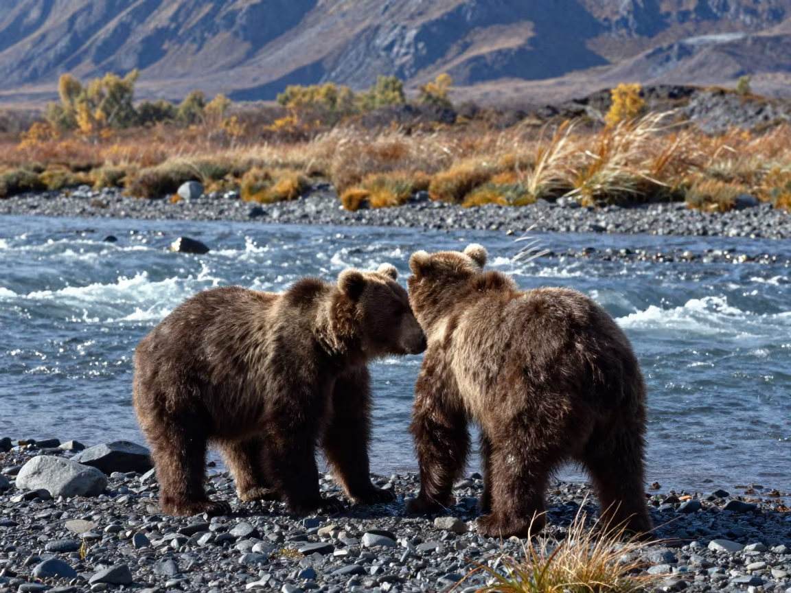 Brown Bear Cubs Wrestling on Kamchatka Riverbank in above a glacial stream in Kamchatka