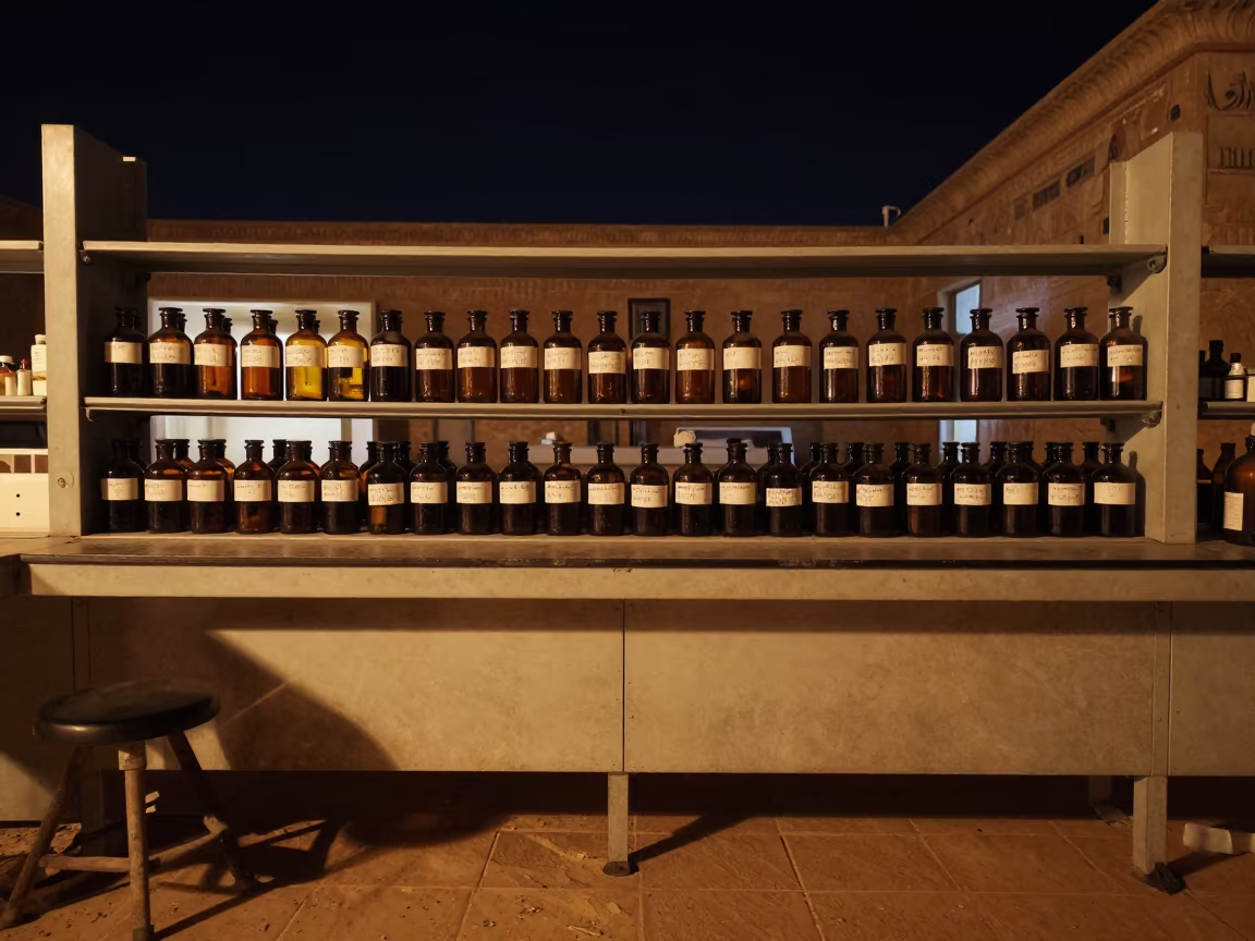 Brown Bottles on Observatory Shelf Under Night Firelight in inside an observatory control room in Edfu