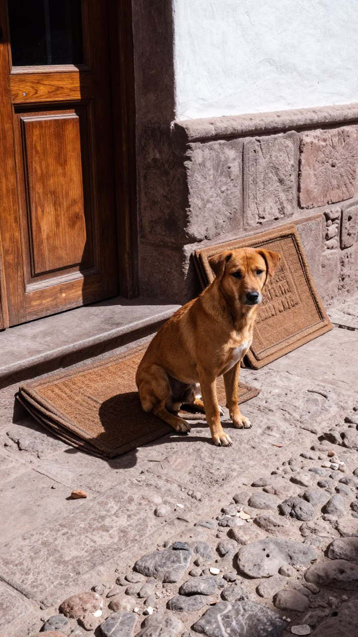 Brown Dog Sitting Beside Wooden Door Mats in Cusco Cobblestone Street in in Cusco, Peru