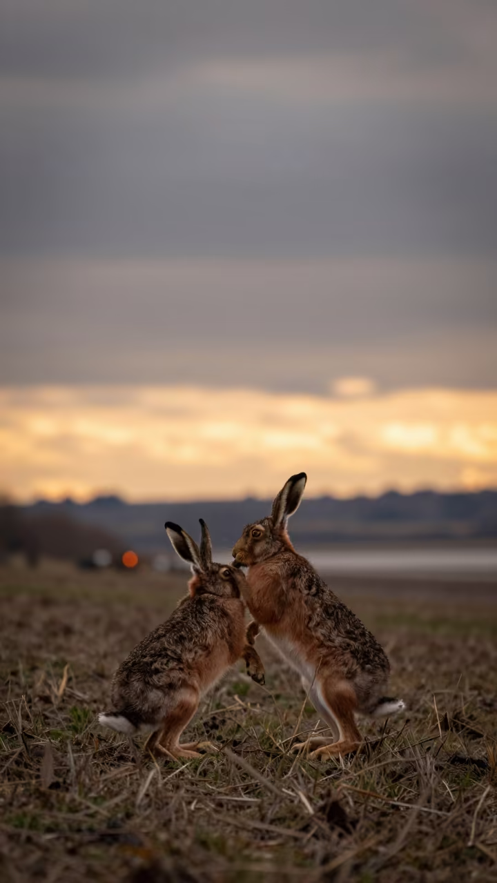 Brown Hare Boxing in March Field at Sunset in beside a tidal inlet near Bradford