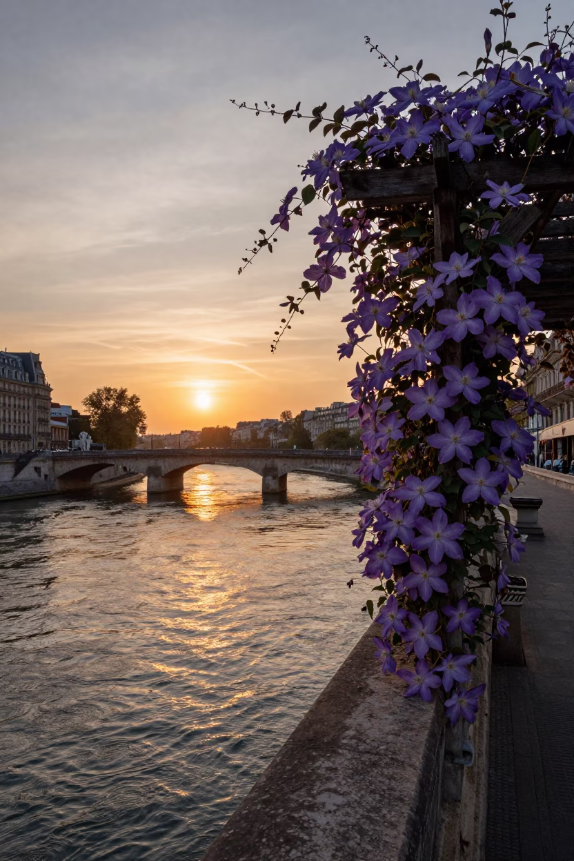 Brown River in Paris at As The Sun Drops Toward The Horizon in in Paris, France