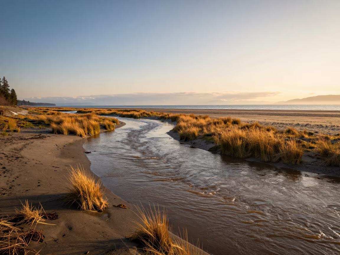 Brown River Meets Blue Ocean at Sunset in across a wide valley floor near Vancouver