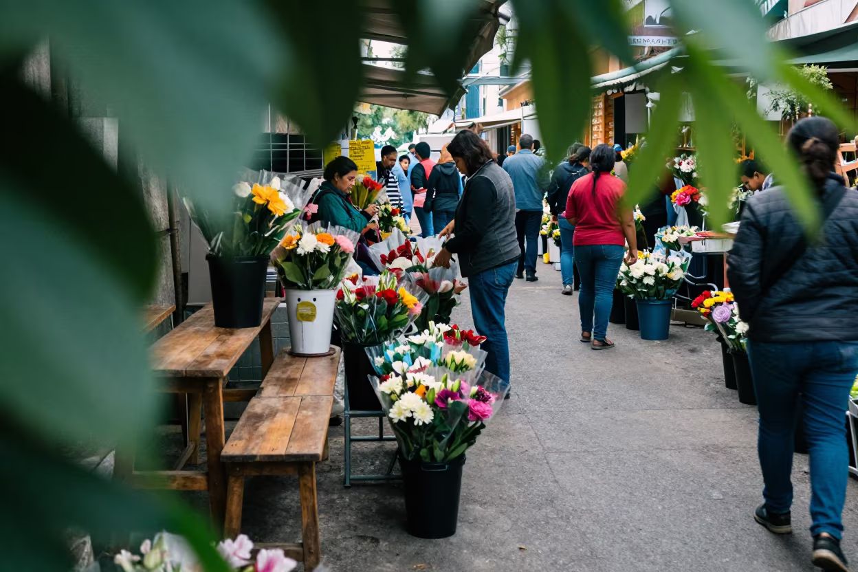 Browsing Shoppers at Flower Auction Bench in at a flower auction bench in Managua