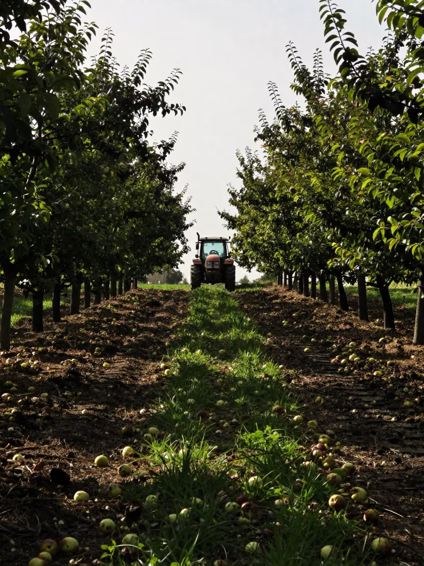 Bruised Pears in Grass After Hailstorm in beside a tractor track through dark soil near Tiaret