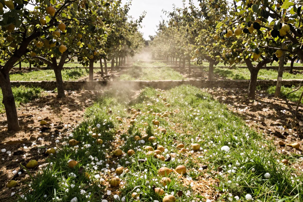 Bruised Pears and Hail Debris in Maltese Terraces in among terraced rice paddies in Malta