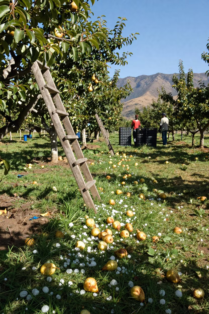Bruised Pears in Tanzanian Orchard After Hail in among orchard ladders and crates in Tanzania