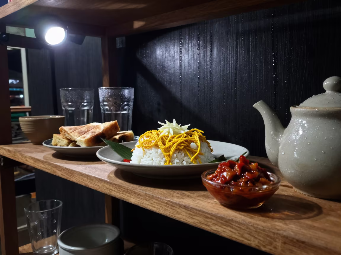 Brunch Spread on Workshop Shelf Night in on a workshop shelf in Palembang