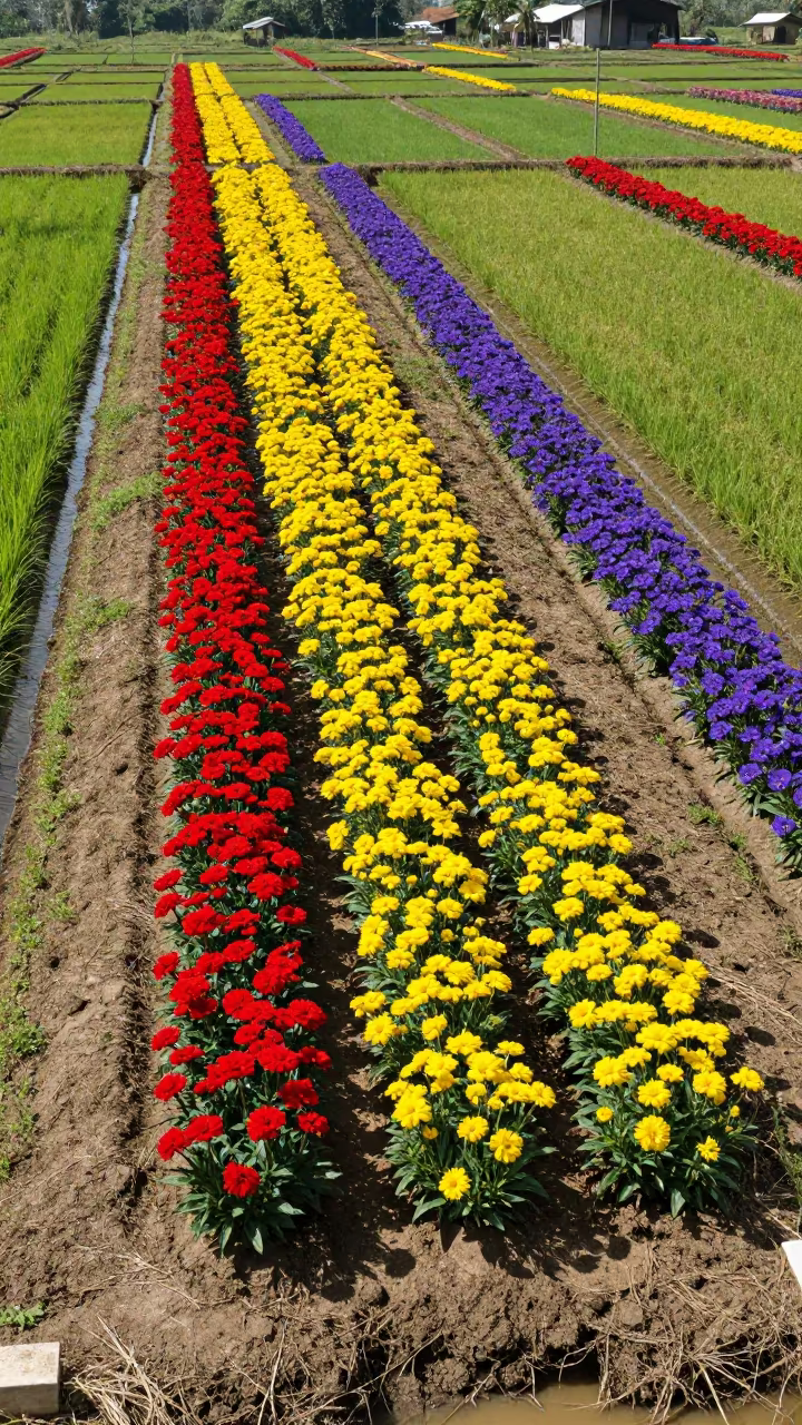 Brunei Flower Farms Amidst Terraced Rice Paddies in among terraced rice paddies in Brunei