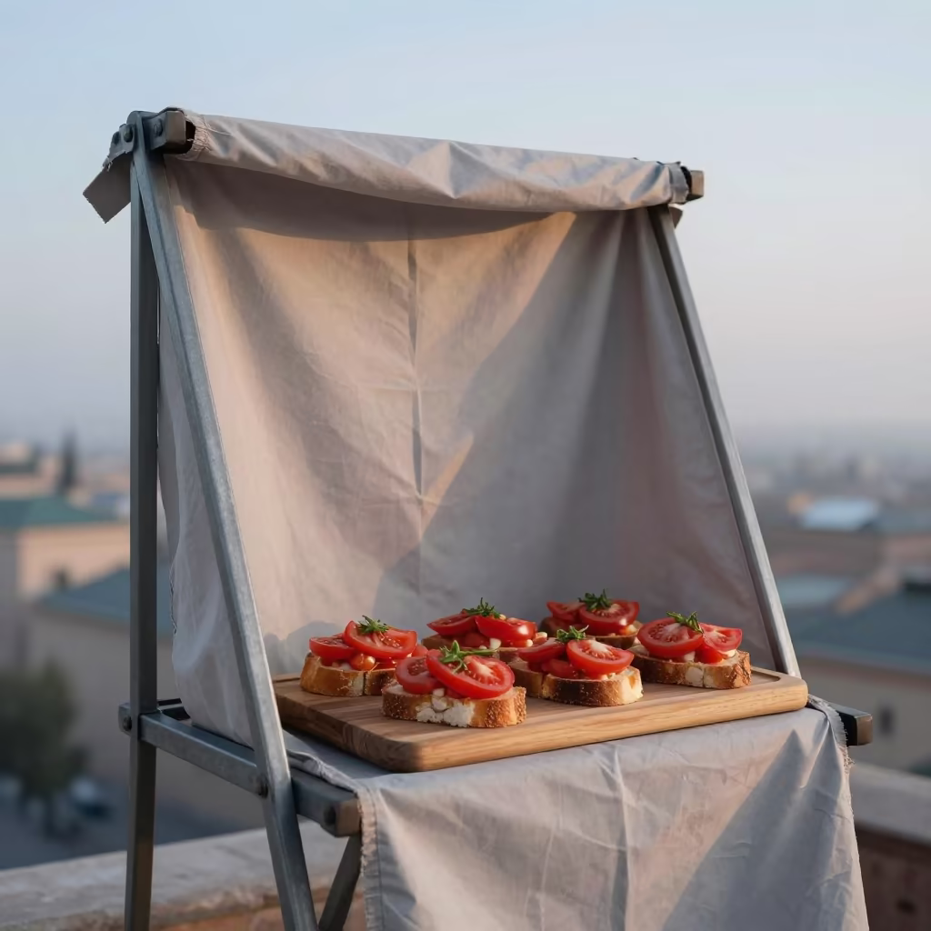 Bruschetta on Metal Fabric Tray in Meknes Dawn in on a tea house tray in Meknes