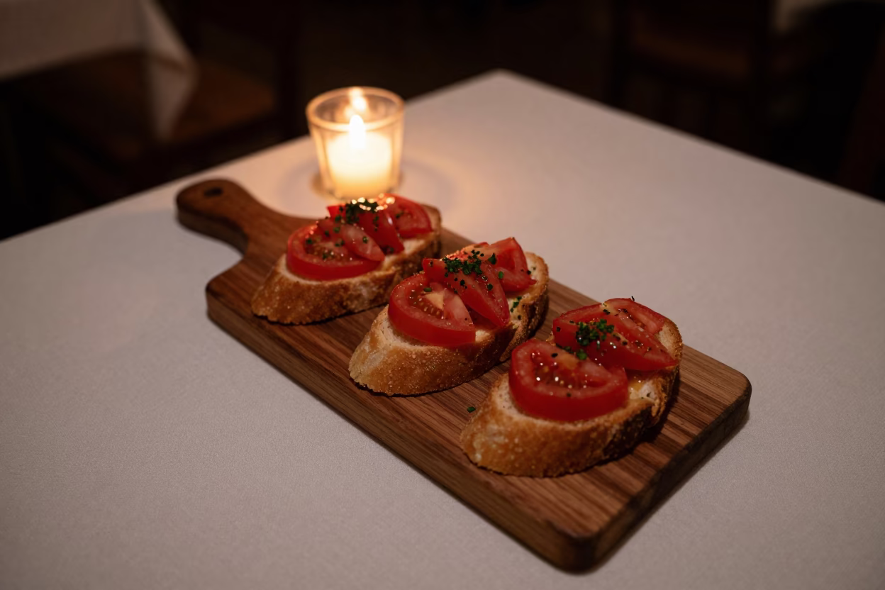 Bruschetta Tomatoes Candlelit Thrissur Night in on a linen-covered restaurant table in Thrissur