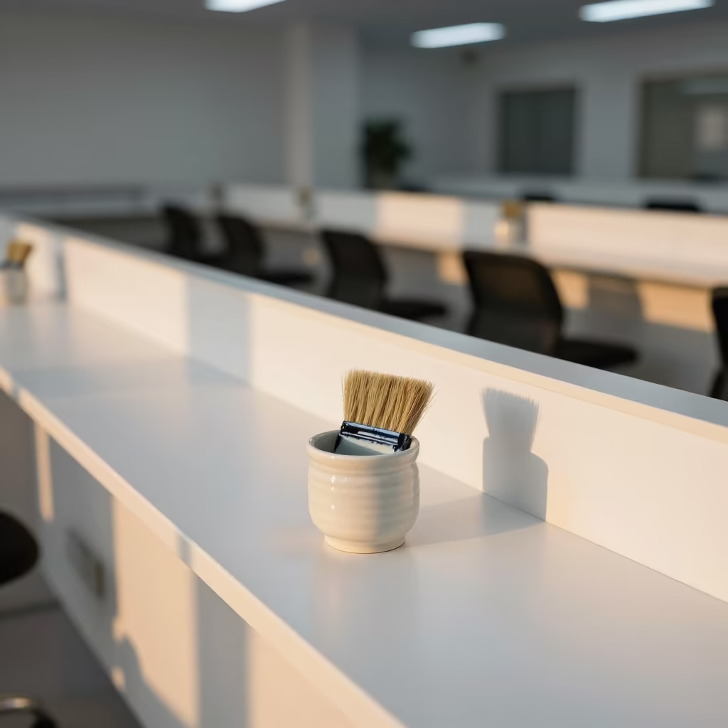 Brush Cup on Counter Before Busy Print Center Opens in inside a storefront prepared for opening in Khartoum