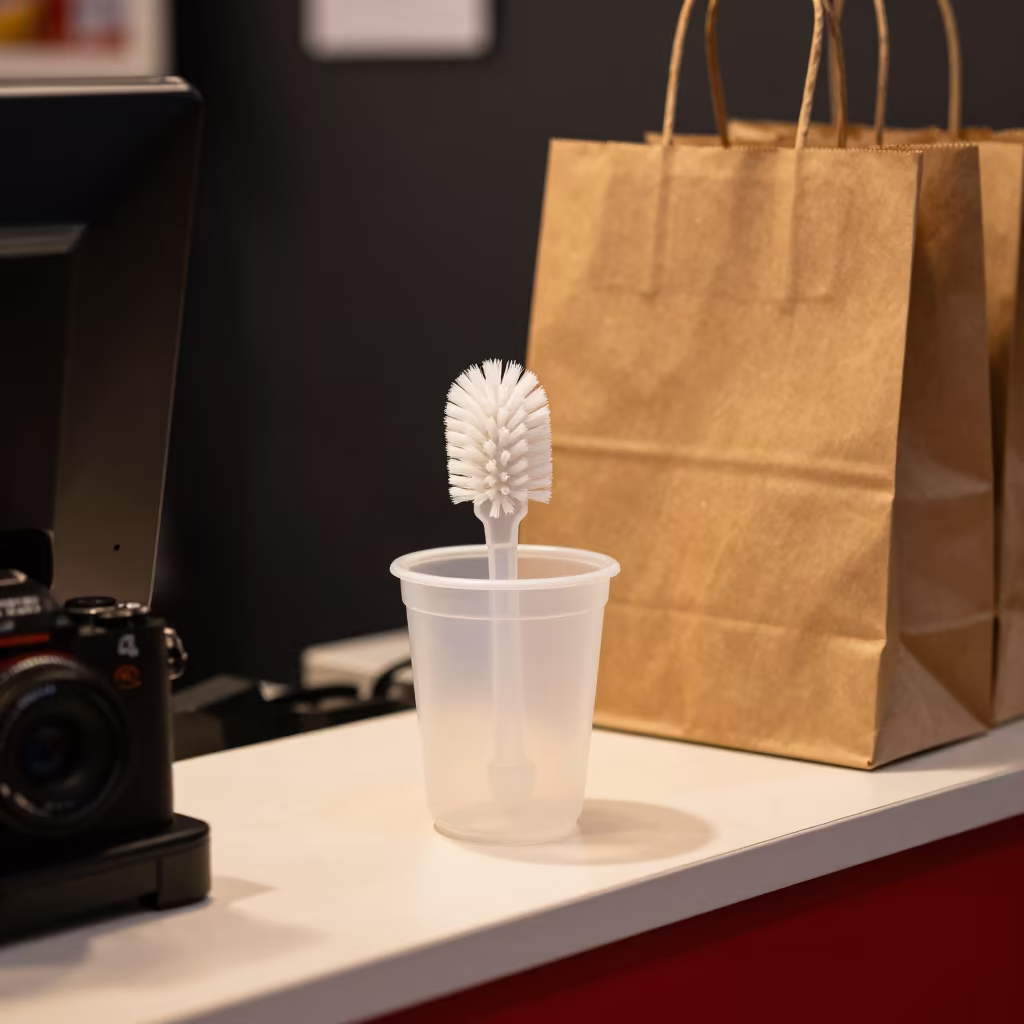 Brush Cup on Night Counter in Genoa Print Shop in at a cash wrap counter with bags stacked nearby near Genoa