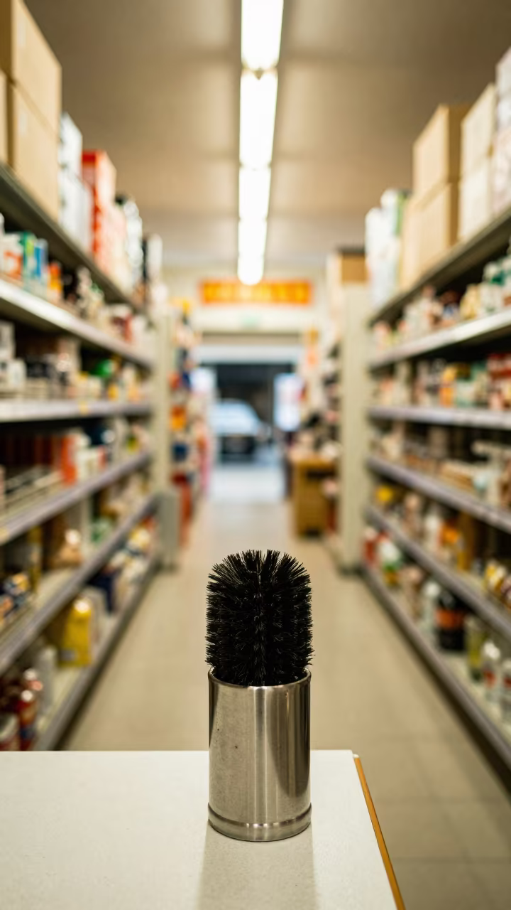 Brush Cup on Night Counter in Shanghai Print Shop in inside a bright retail aisle in Xintiandi, Shanghai