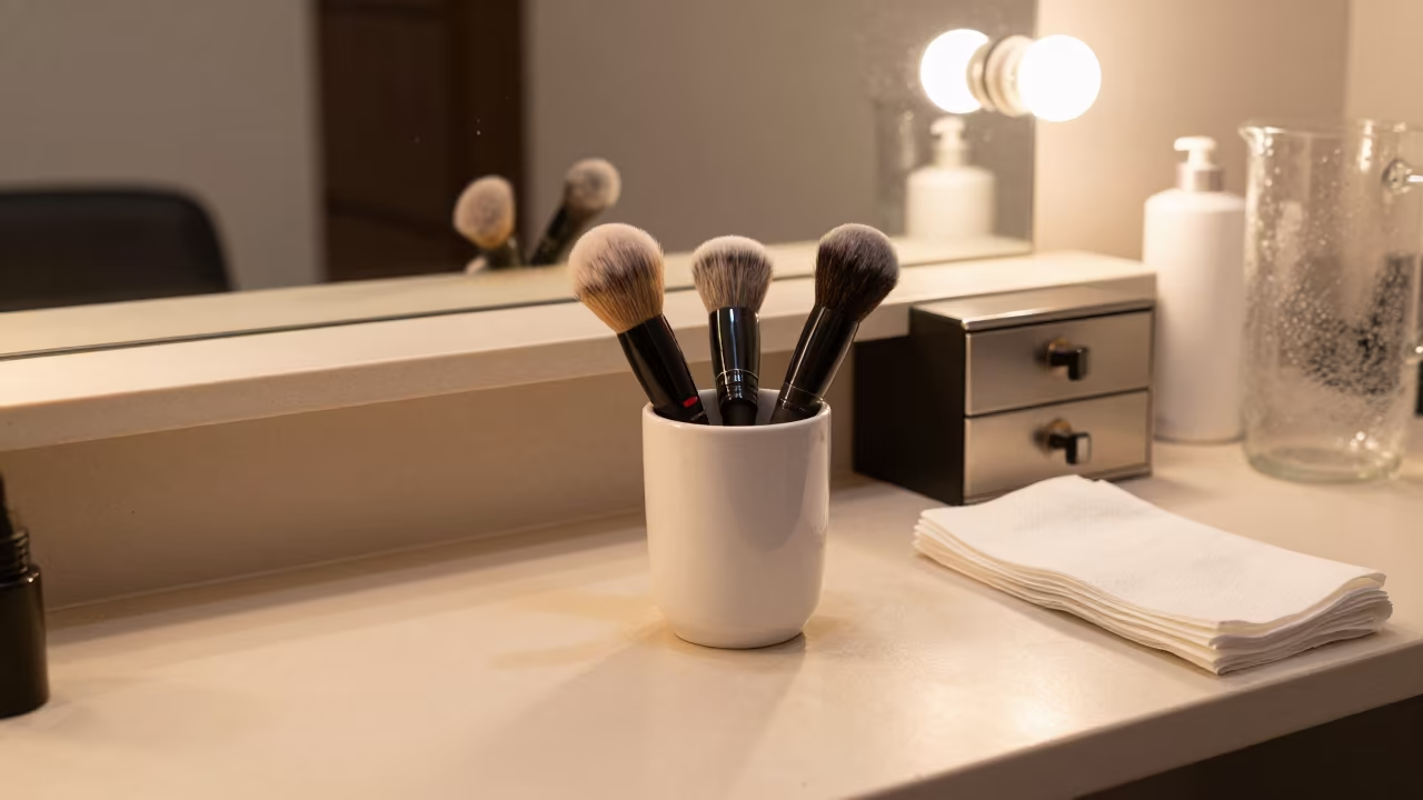 Brush Cup Restocked Salon Counter Night in at a salon reception counter in Tarija