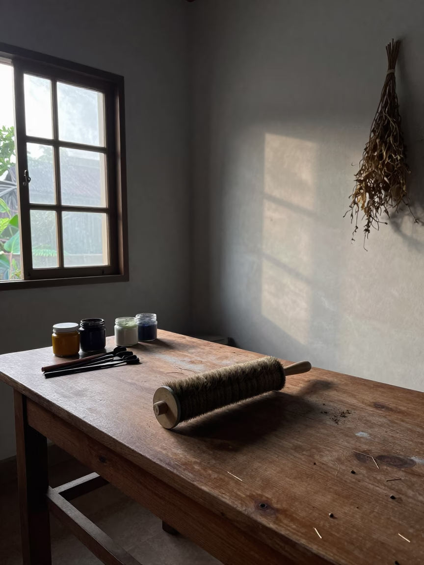 Brush Roll on Kollam Workbench in Cool Dawn Light in on a wooden workbench in Kollam