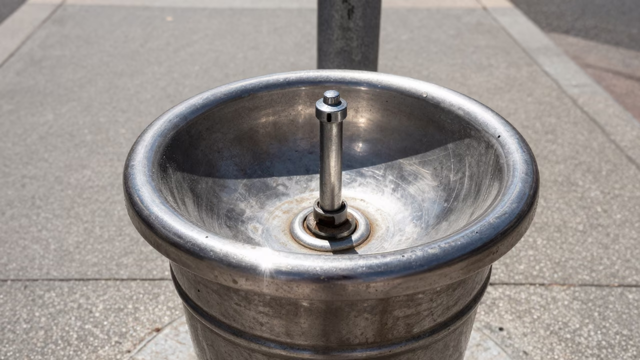 Brushed Steel Bucket Lip Reflected in Perth Street Grime Under Flat Noon Glare in in Perth, Western Australia, Australia