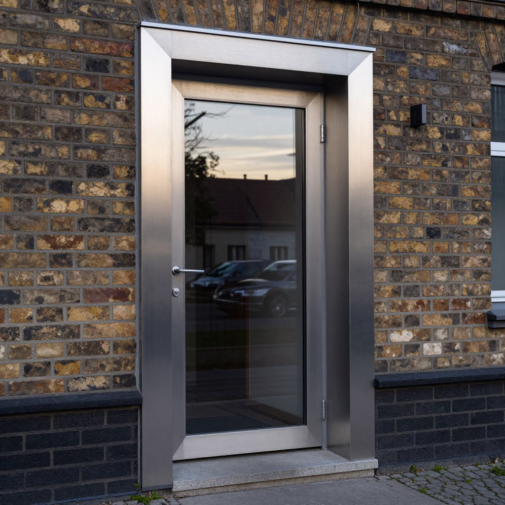 Brushed steel doorframe of Berlin apartment building entrance during late morning light in in Berlin, Germany