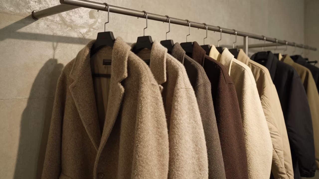 Brushed Wool Coats on Rack in Kamalia Showroom in under runway rehearsal lights in Kamalia