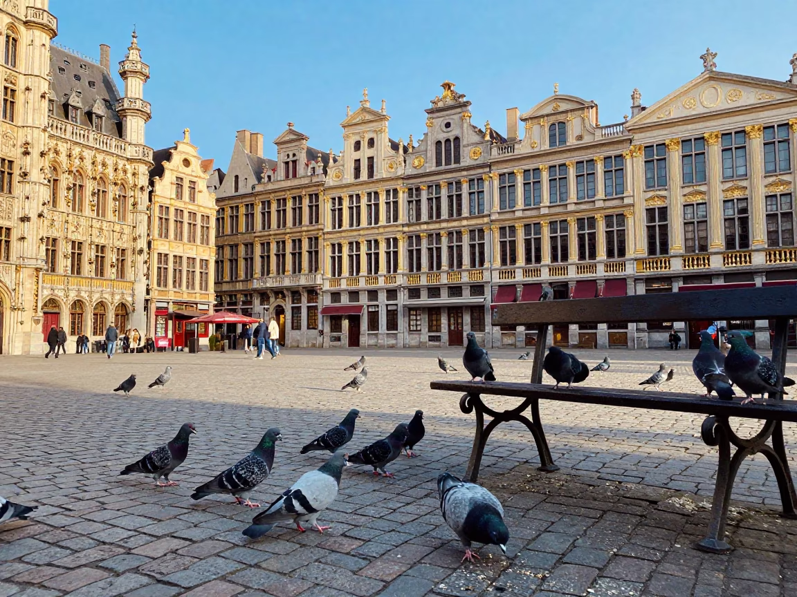 Brussels afternoon street scene with pigeons near historic architecture in in Brussels, Belgium