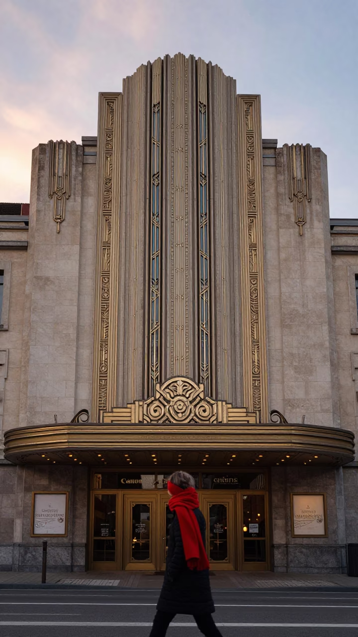 Brussels Art Deco Cinema Facade at Sunset with Scarf and Railway Viaduct in in Brussels, Belgium
