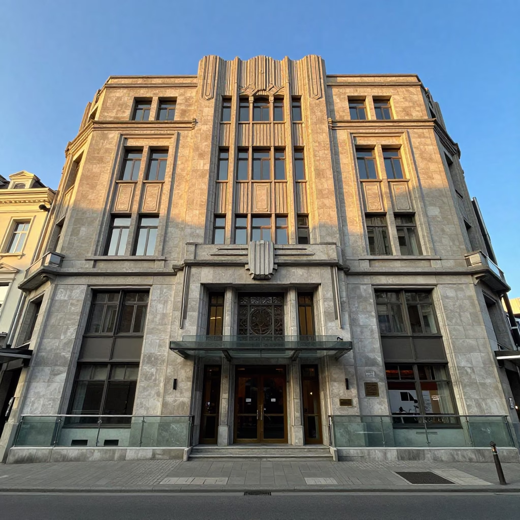 Brussels Art Deco Facade and Glass Rail at Sunset in in Brussels, Belgium