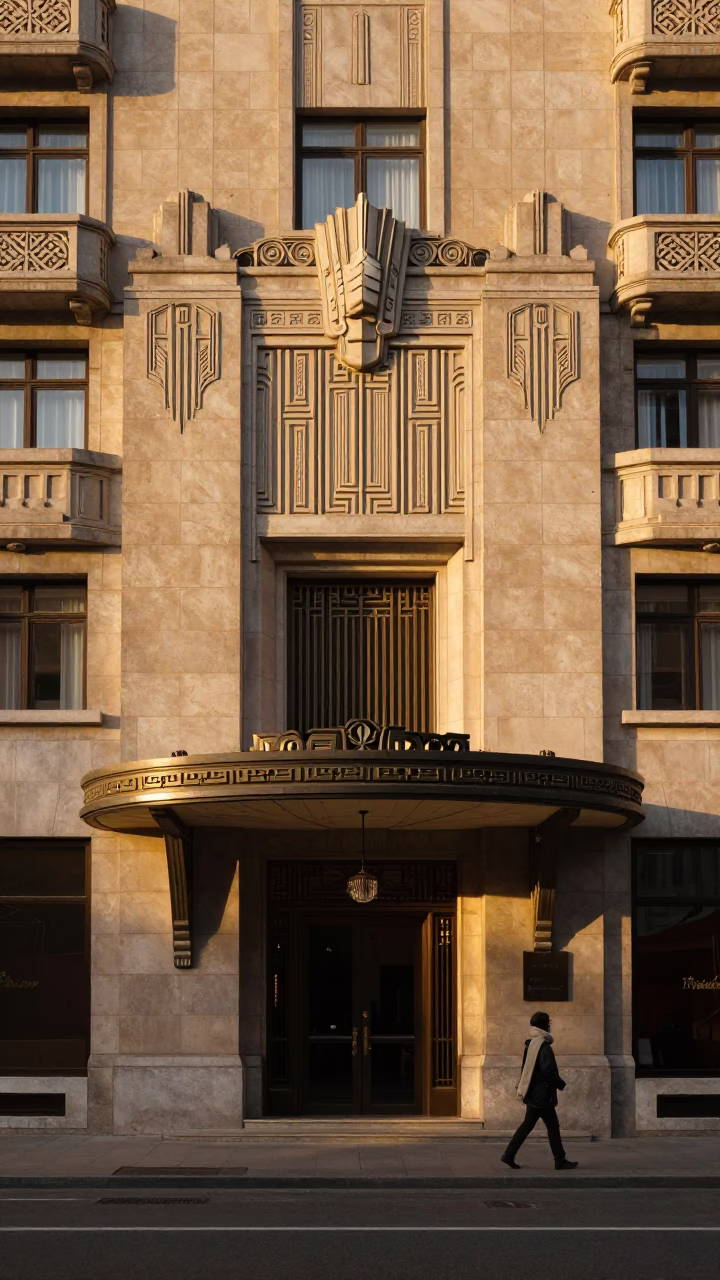 Brussels Art Deco Hotel Facade Honeyed Evening Light with Scarf and Bench in in Brussels, Belgium