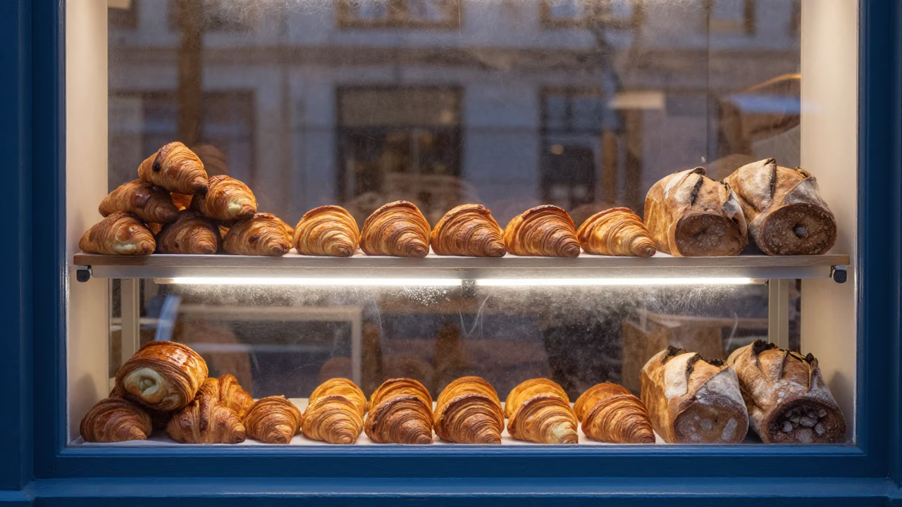 Brussels Bakery Window Before Sunrise Displaying Fresh Pastries and Belgian Bread in in Brussels, Belgium