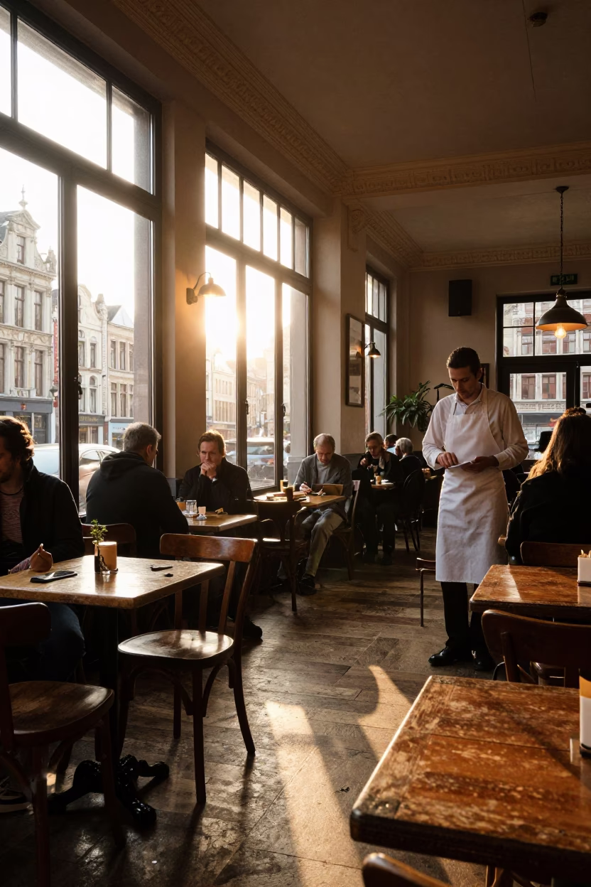 Brussels Belgian Cafe Interior During Golden Hour With Patrons in in Brussels, Belgium