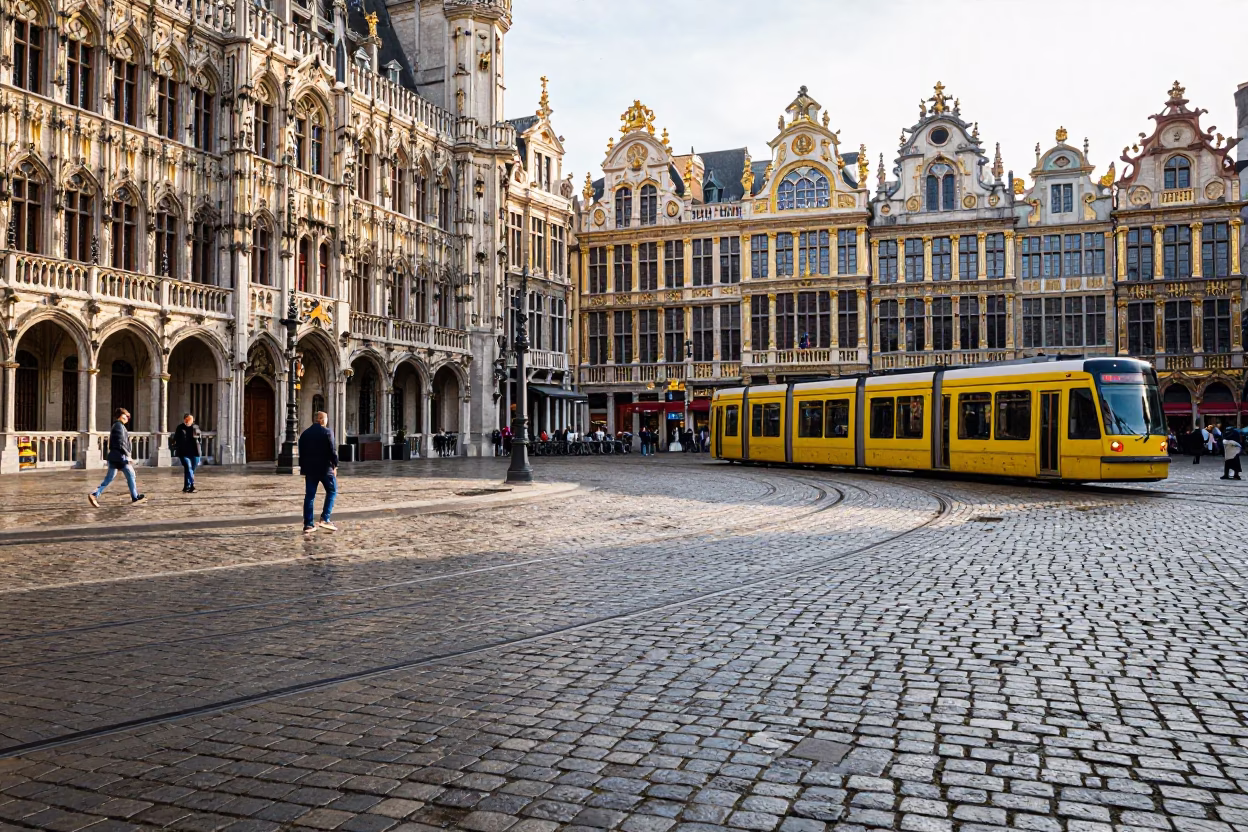 Brussels Belgian Grand Place Cobblestones and Tram Lines in Early Afternoon Light in in Brussels, Belgium
