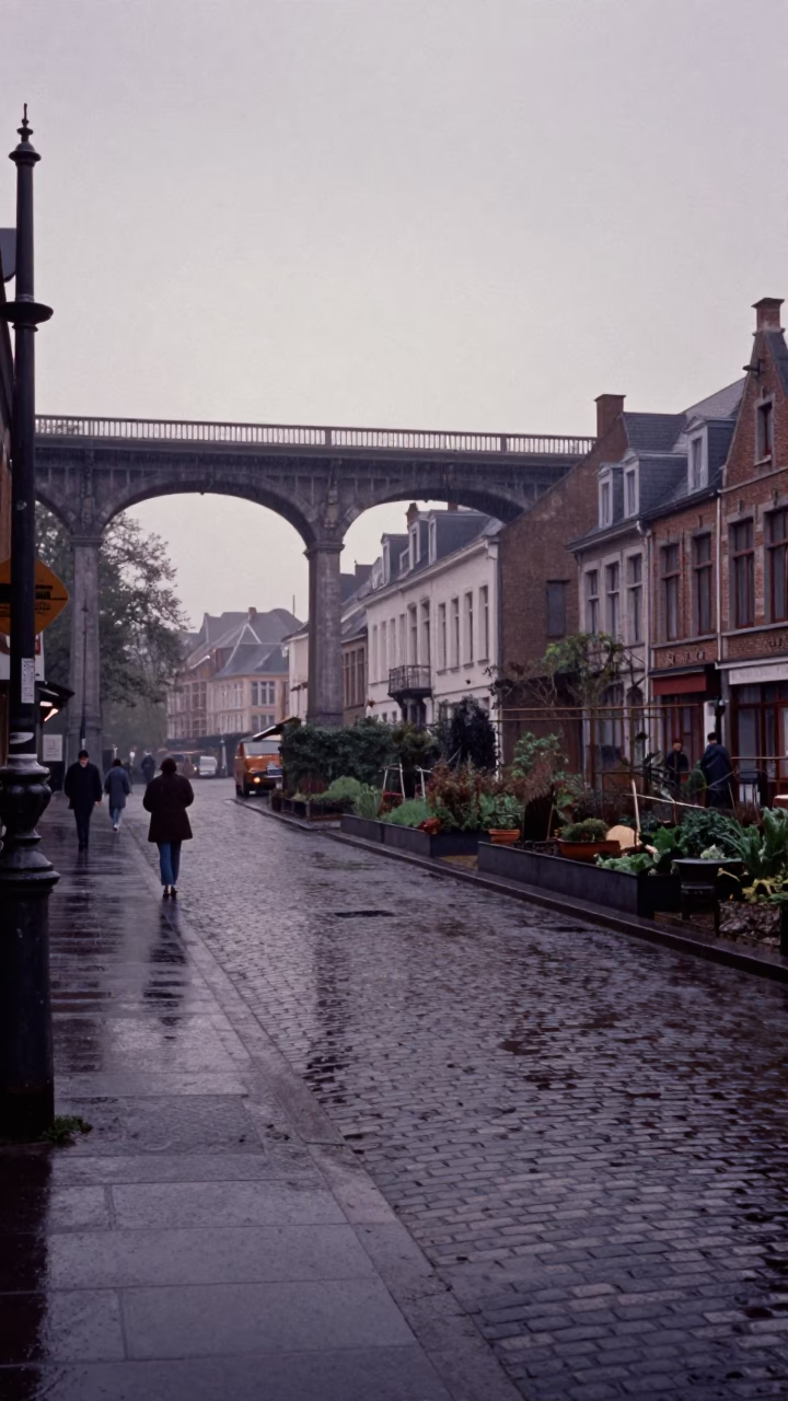 Brussels Belgian Street Scene Before Dawn with Rain and Urban Architecture in in Brussels, Belgium