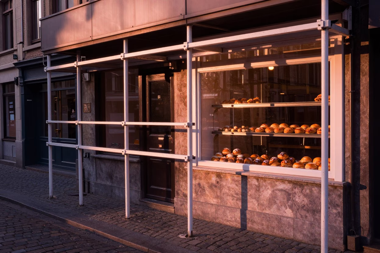 Brussels Belgian Street Scene Copper Dusk Light Geometric Scaffold and Pastry Shop Display in in Brussels, Belgium