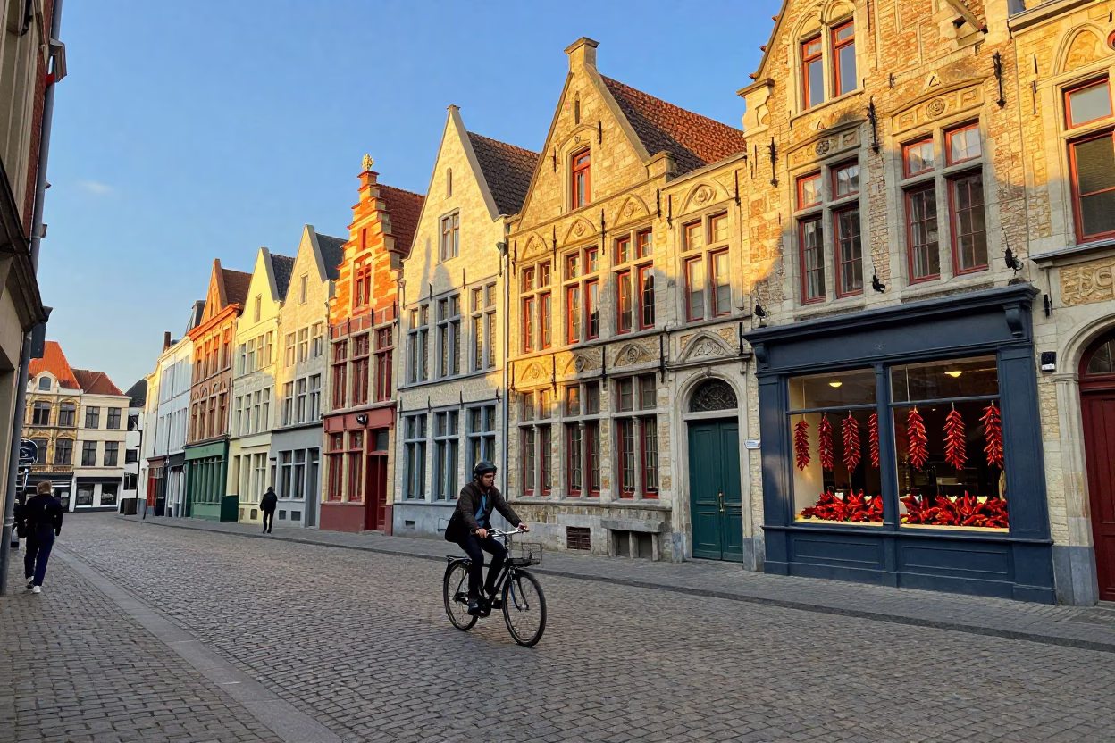 Brussels Belgian Street Scene Late Afternoon Light with Traditional Architecture and Local Life in in Brussels, Belgium