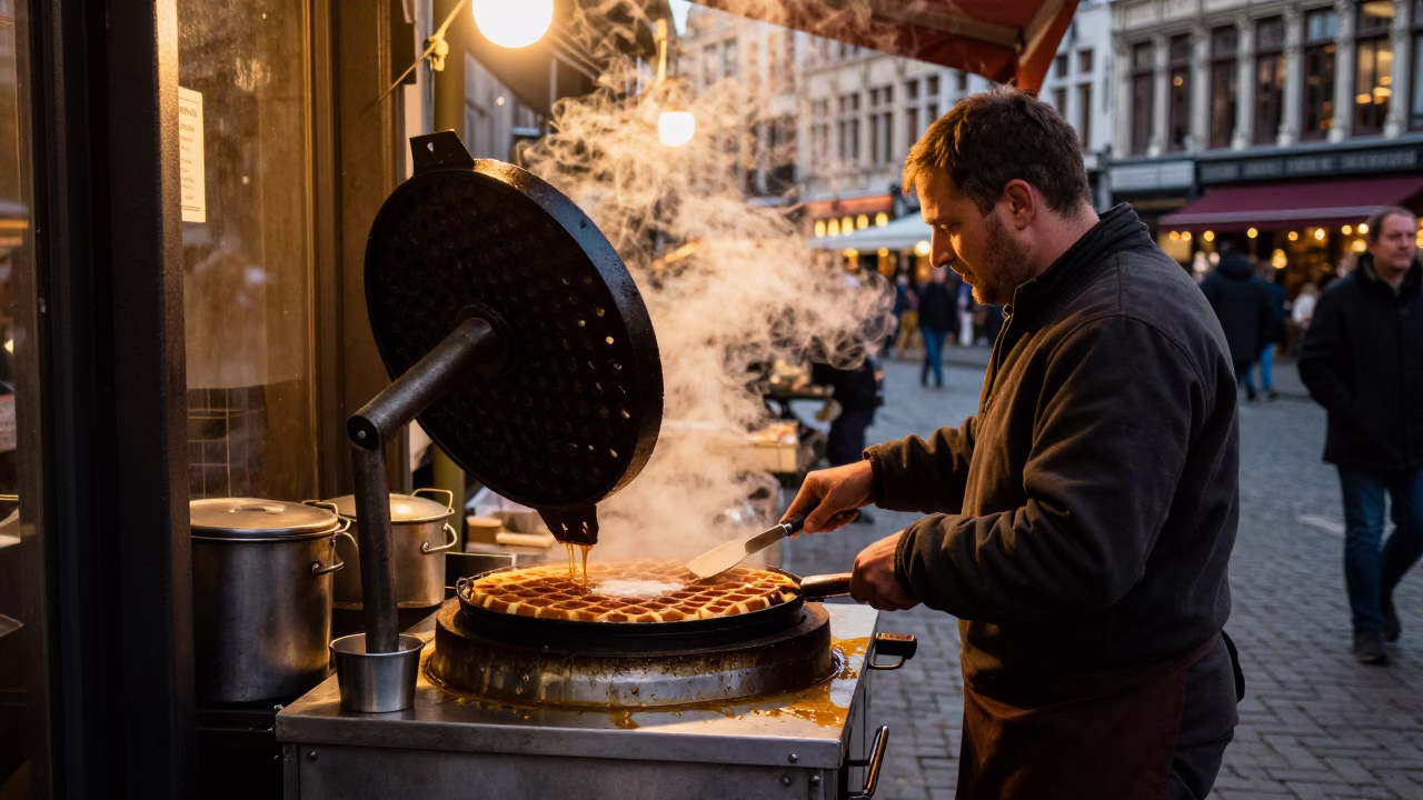 Brussels Belgian Waffle Vendor Iron Deadbolt Honeyed Evening Light in in Brussels, Belgium