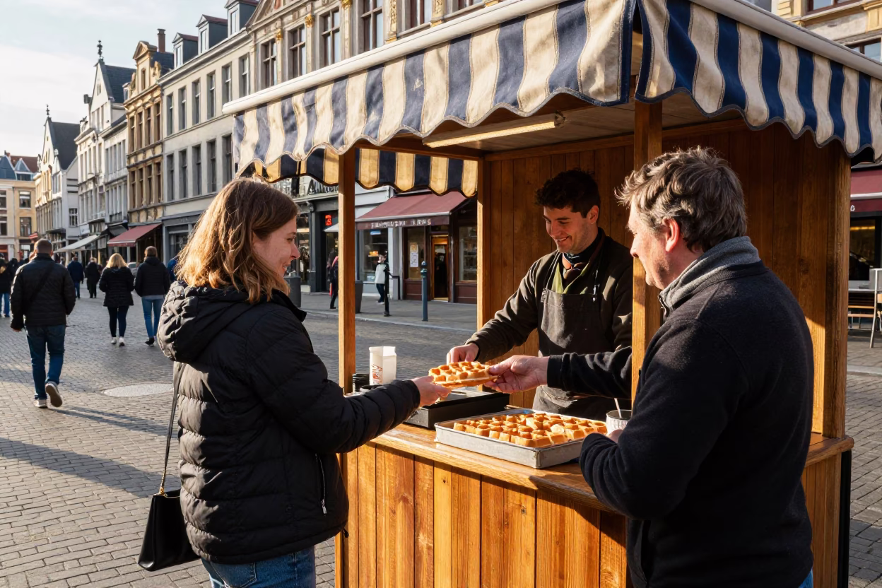 Brussels Belgian Waffle Vendor Late Morning Street Scene with Customers in in Brussels, Belgium