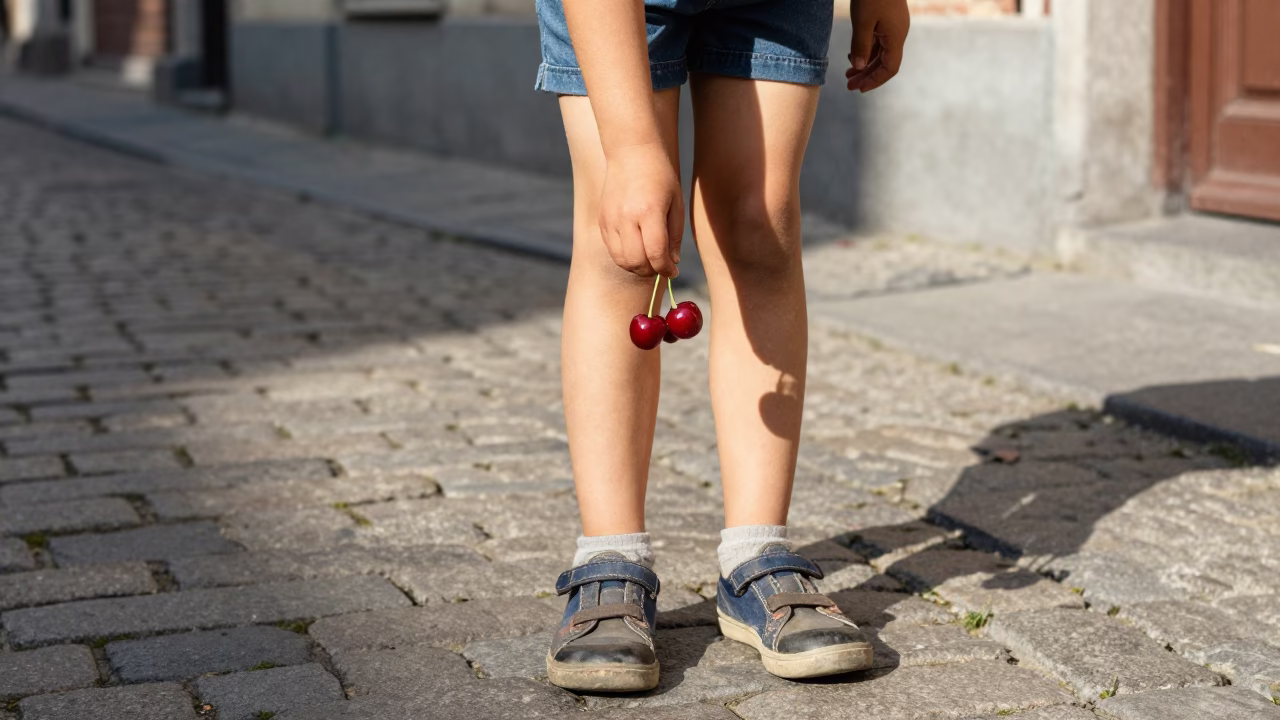 Brussels Belgium 1970s Street Scene Child Holding Cherries Near Cobblestone Alley in in Brussels, Belgium