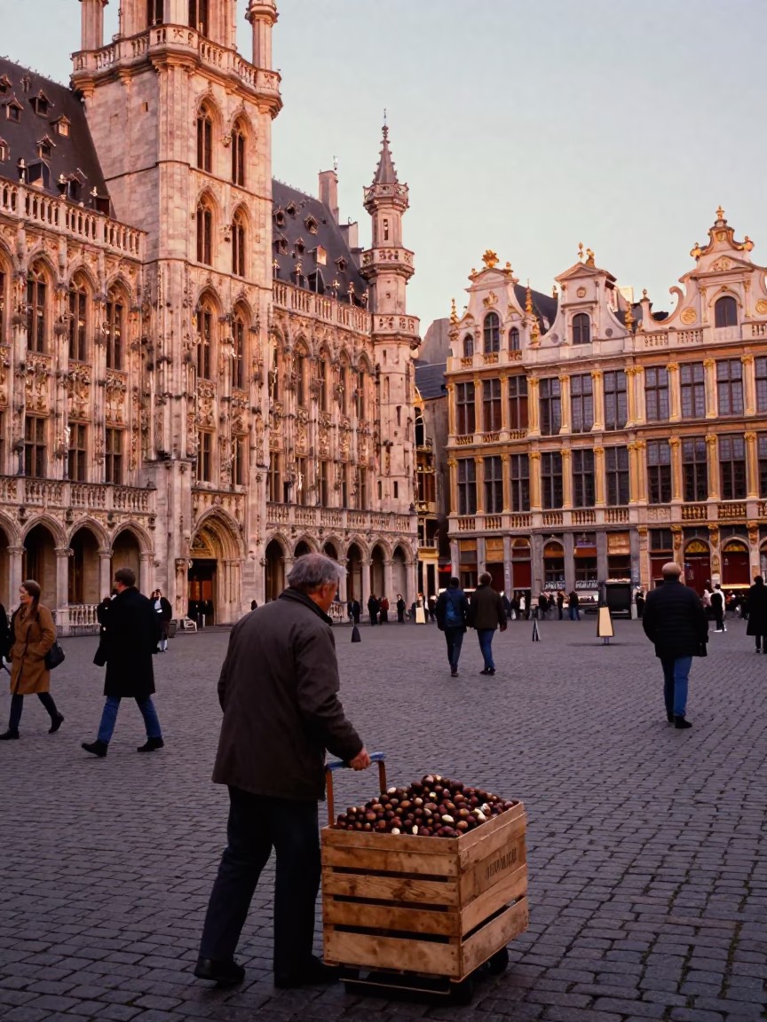Brussels Belgium 1980s Grand Place Cobblestones Copper Dusk Street Life in in Brussels, Belgium