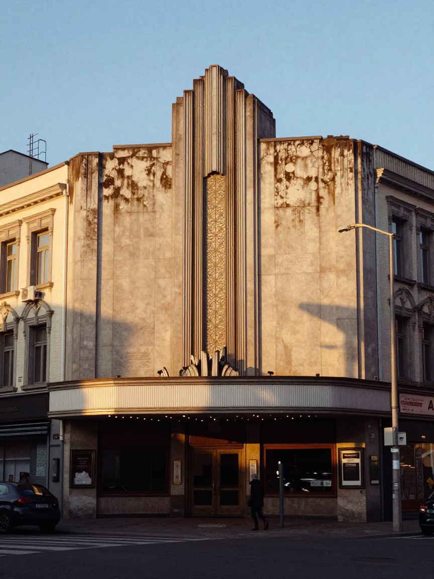 Brussels Belgium Art Deco Cinema Facade Golden Hour Street Scene in in Brussels, Belgium