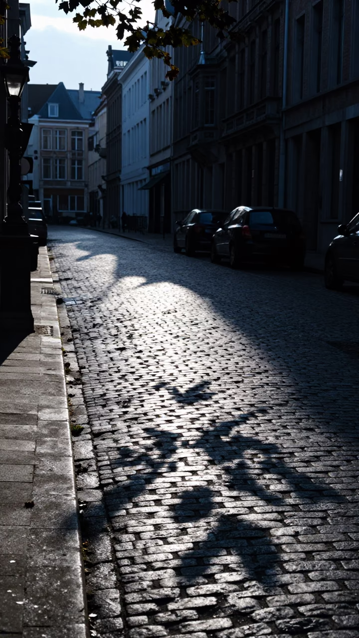 Brussels Belgium Before Sunrise Street Scene with Leaf Shadows and Eggplants in in Brussels, Belgium