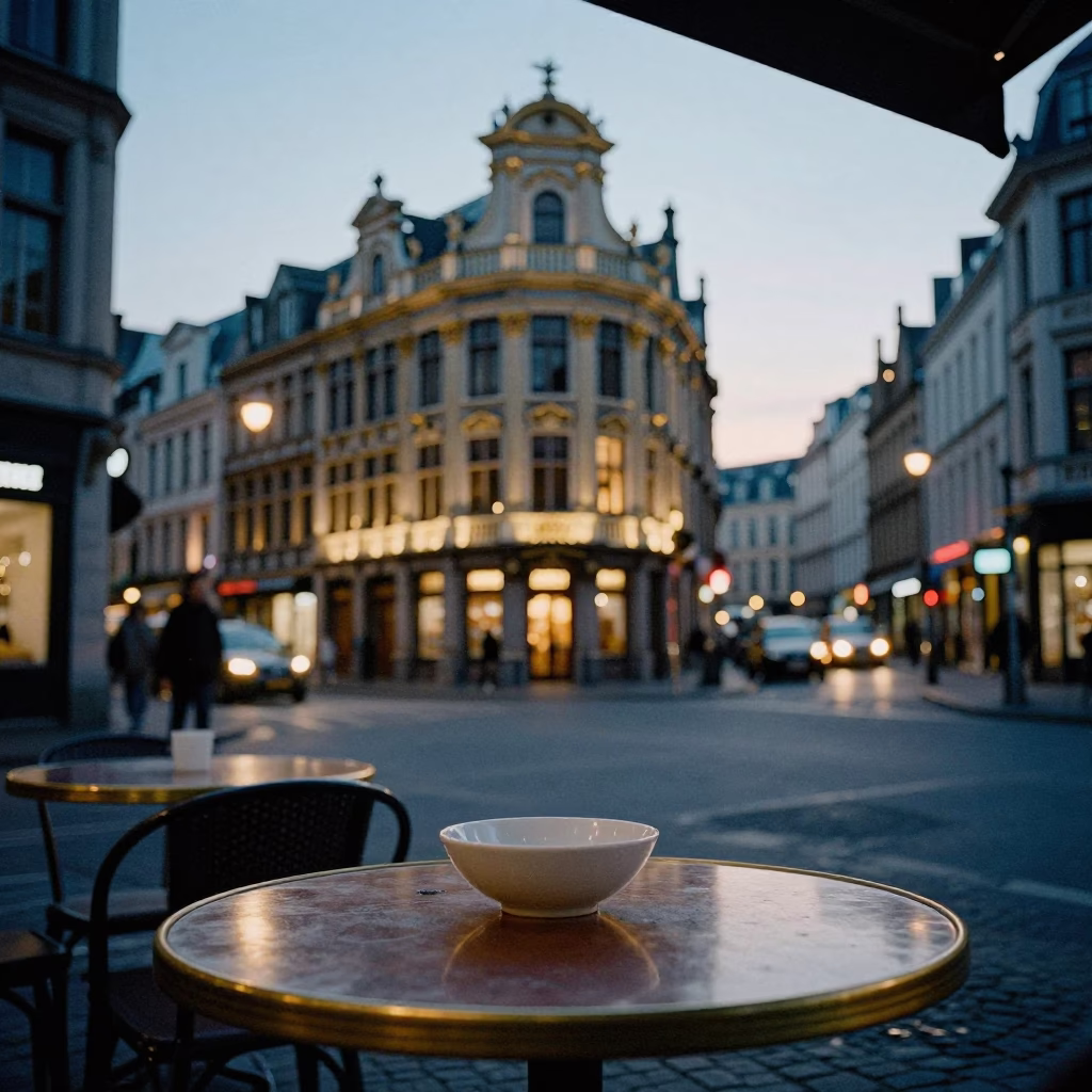 Brussels Belgium City Lights Glowing Over Urban Street Scene at Dusk in in Brussels, Belgium