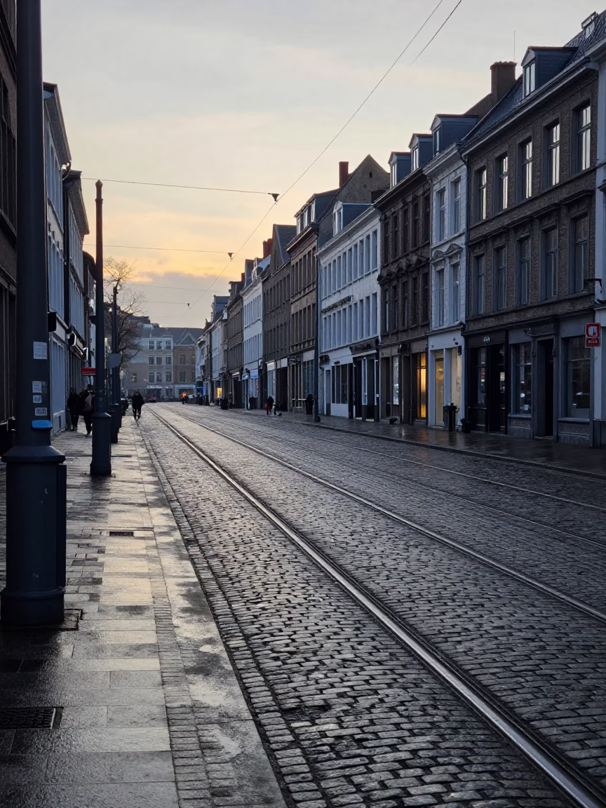 Brussels Belgium cobblestone street at dawn with tram tracks and morning light in in Brussels, Belgium