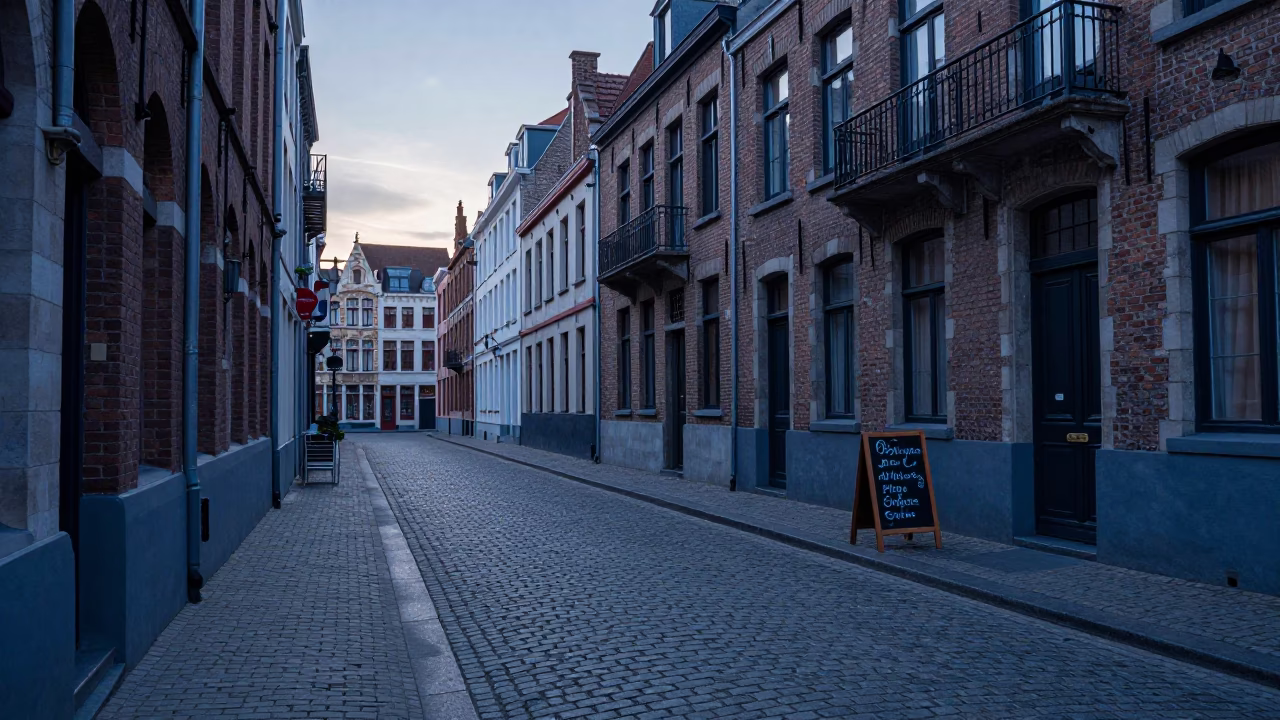 Brussels Belgium Cobblestone Street Before Sunrise with Chalkboard Menu and Glass Tumbler in in Brussels, Belgium