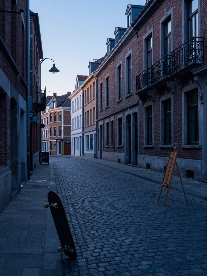 Brussels Belgium Cobblestone Street Pre-Dawn Light with Skateboard and Easel in in Brussels, Belgium