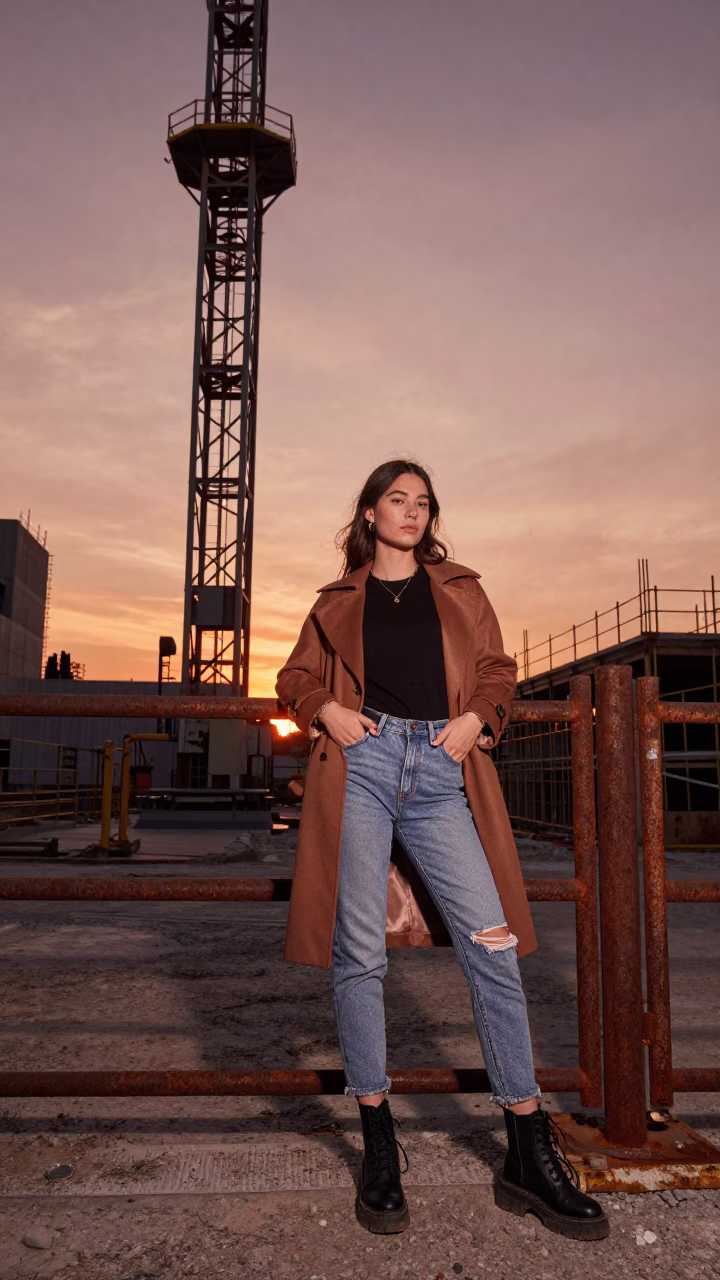 Brussels Belgium Copper Dusk Construction Site Fashion Model with Colored Glass Bottle in in Brussels, Belgium