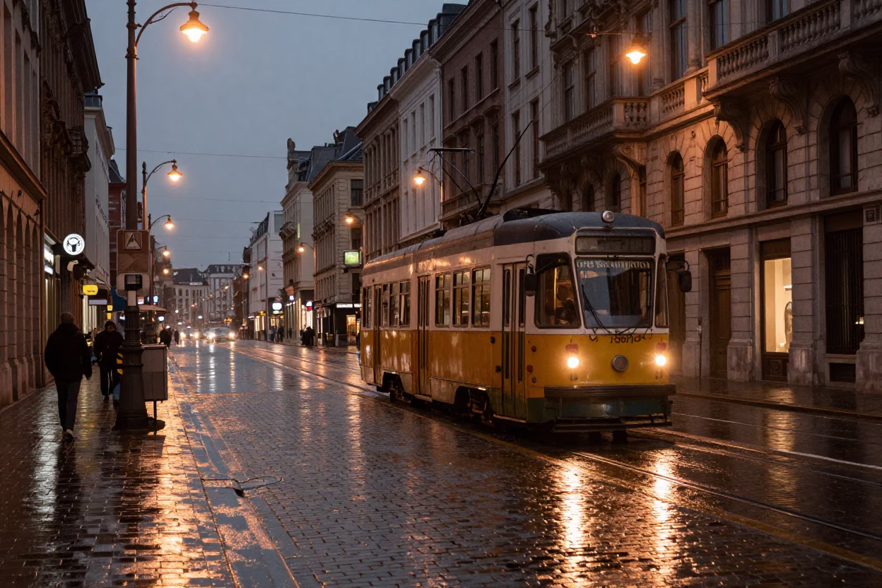 Brussels Belgium copper dusk street scene with heritage tram and basket in in Brussels, Belgium