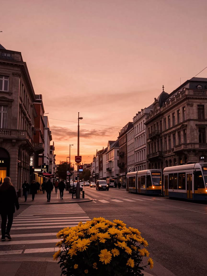 Brussels Belgium Copper Dusk Street Scene with Tram and Chrysanthemum Exhibition in in Brussels, Belgium