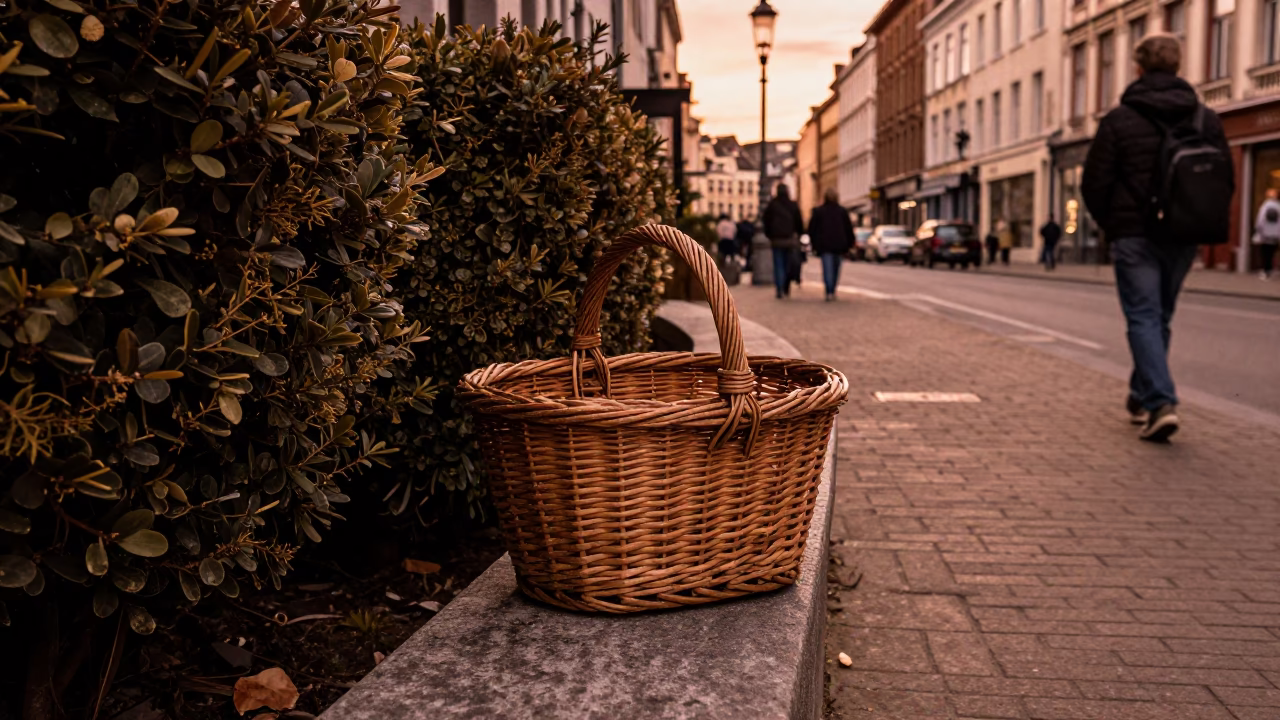 Brussels Belgium copper dusk street scene with wicker hamper and boxwood hedge in in Brussels, Belgium