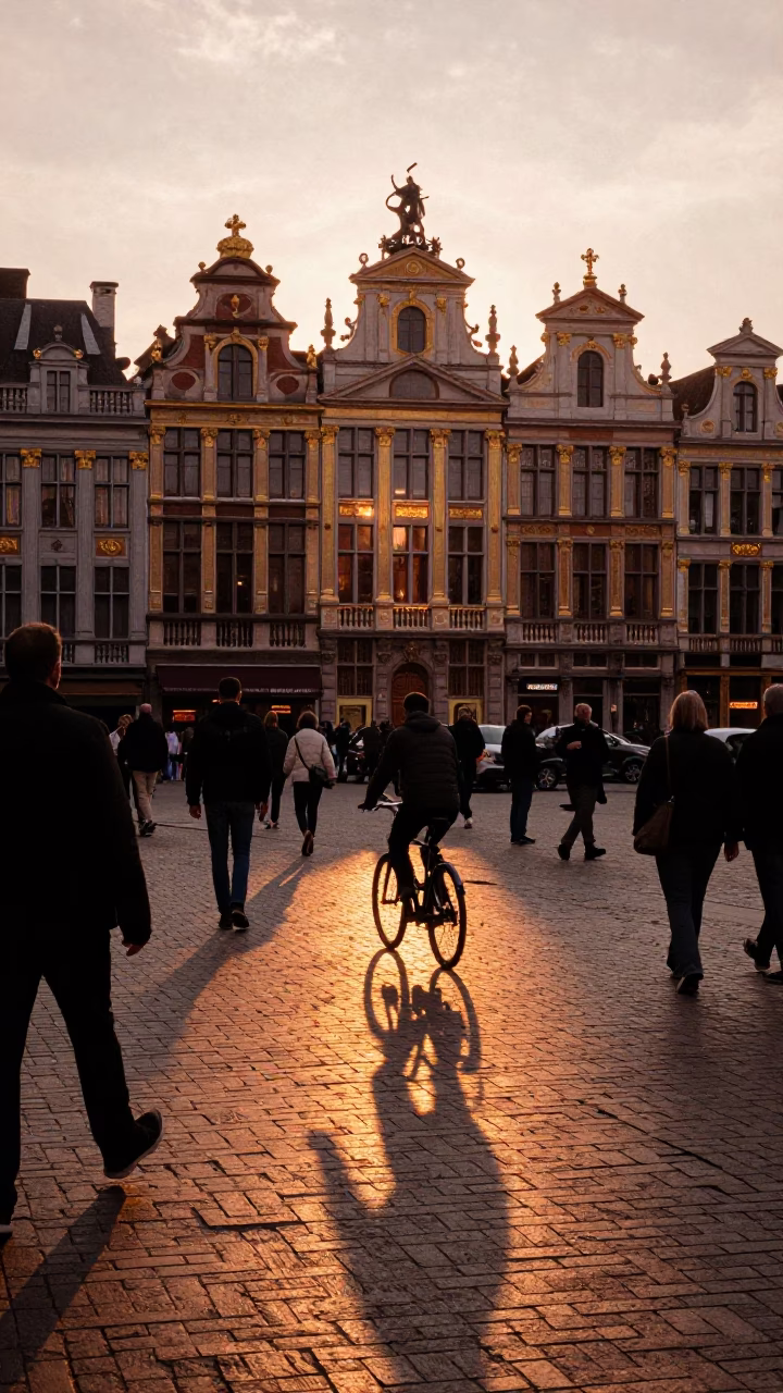 Brussels Belgium Copper Light Before Dusk Busy Street Scene with Local Details in in Brussels, Belgium