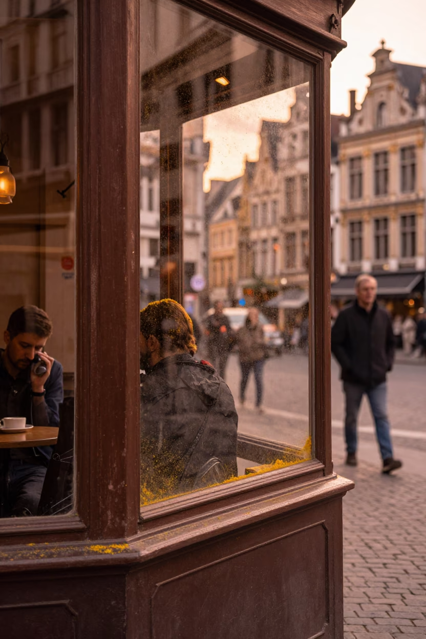 Brussels Belgium Copper Toned Dusk Street Scene with Pollen on Window Glass in in Brussels, Belgium