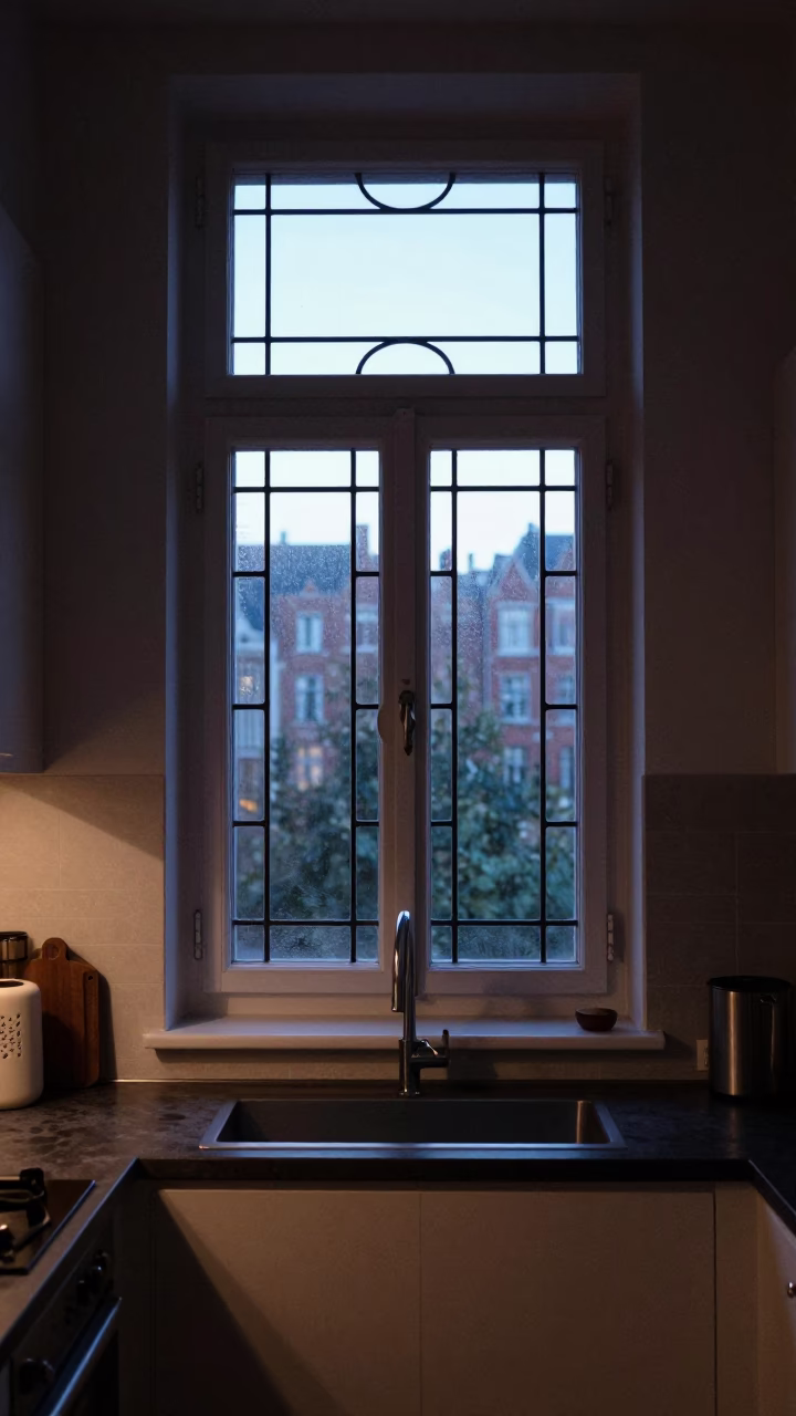 Brussels Belgium Dawn Interior Kitchen Grease Sheen on Window Sill Before Sunrise in in Brussels, Belgium